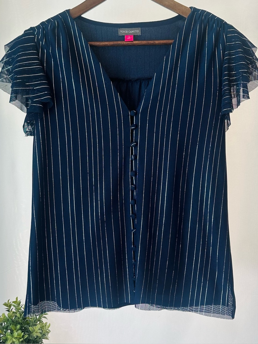 Vince Camuto Navy Pinstripe Flutter Sleeve Button Front Blouse | Size Small